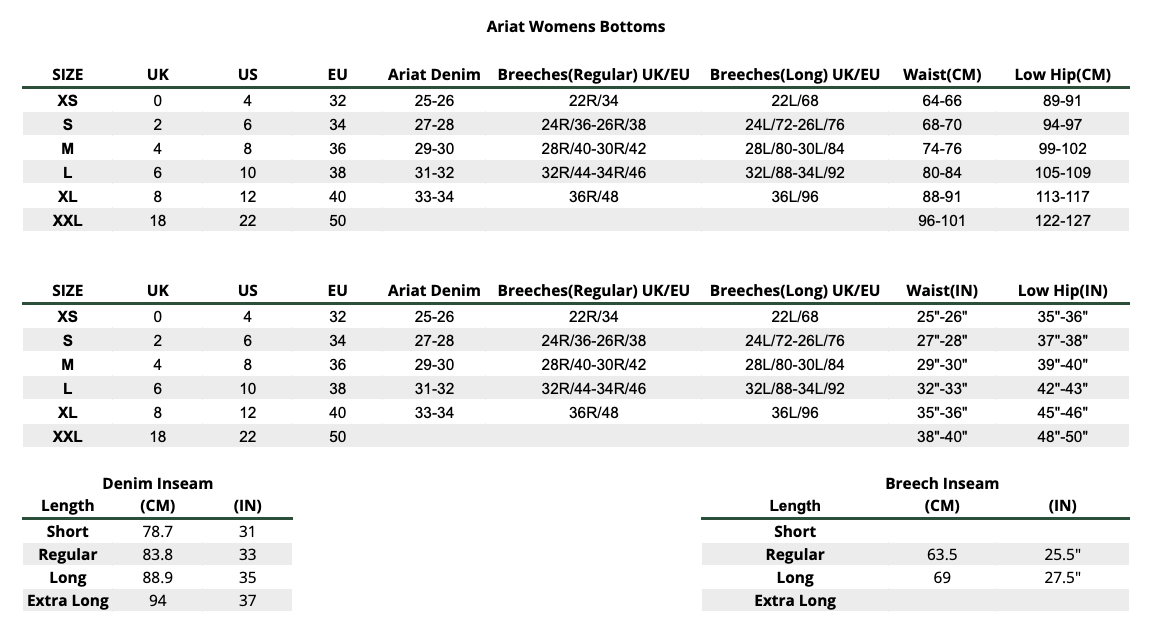 2025 Ariat Womens Bottoms 2  Size Chart